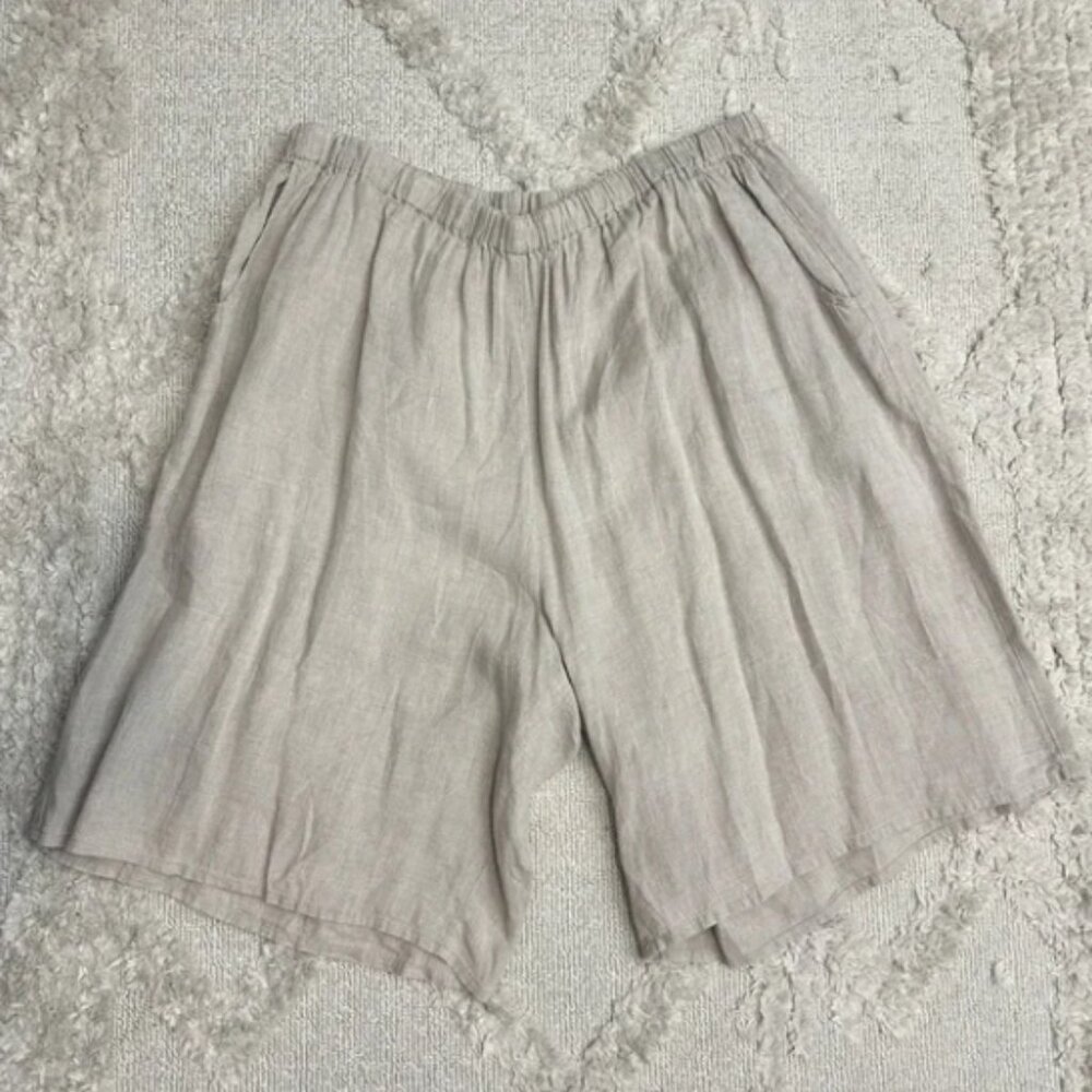 FLAX Pants Oatmeal Tan 100% Linen Longline Shorts Lagenlook size 3X